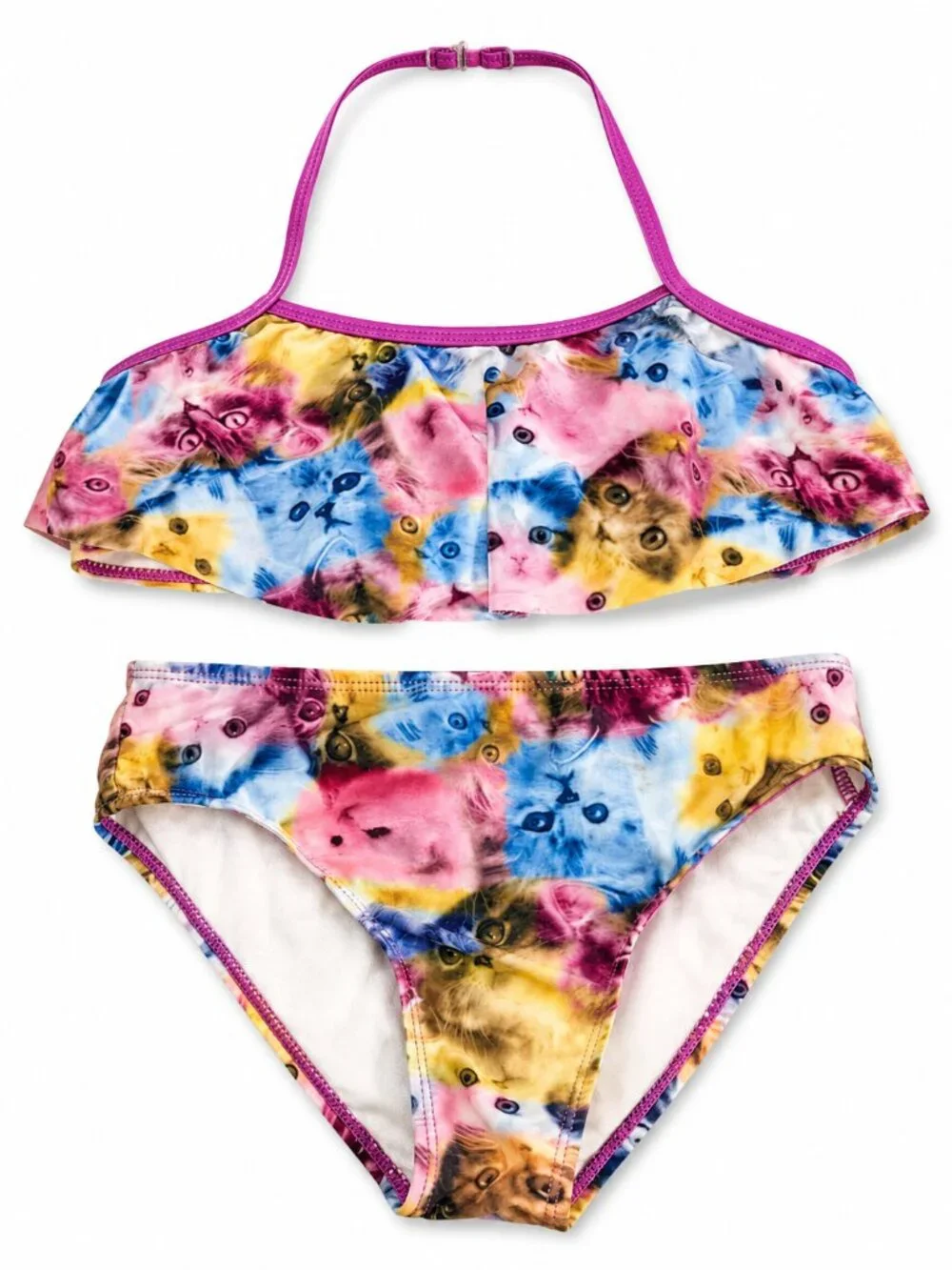 OP Ocean Pacific Girls Cat‎ Print Ruffle Halter Bikini Set Multicolor Size M 7-8
